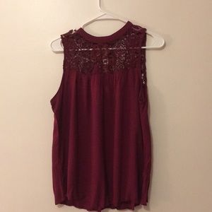 Cranberry blouse with laced patterned neckline